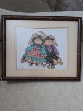 Vintage Hand-Embroidered Country Bunnies Cross-Stitch Framed Wall Art "Friends"